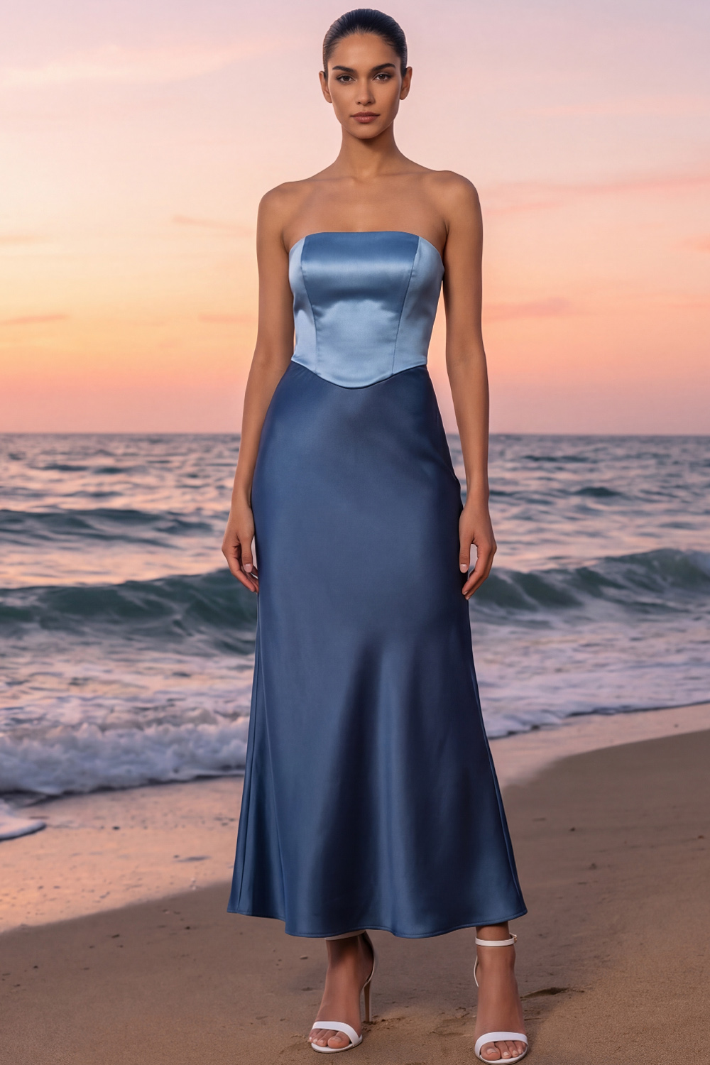 Dusty Blue Evening Formal Dress Mermaid Strapless Satin Maxi Dress