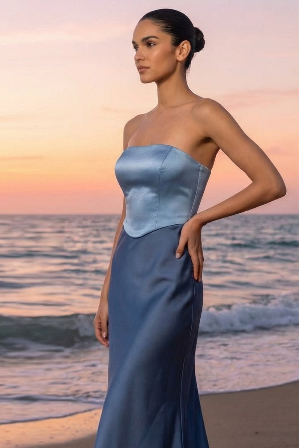 Dusty Blue Evening Formal Dress Mermaid Strapless Satin Maxi Dress