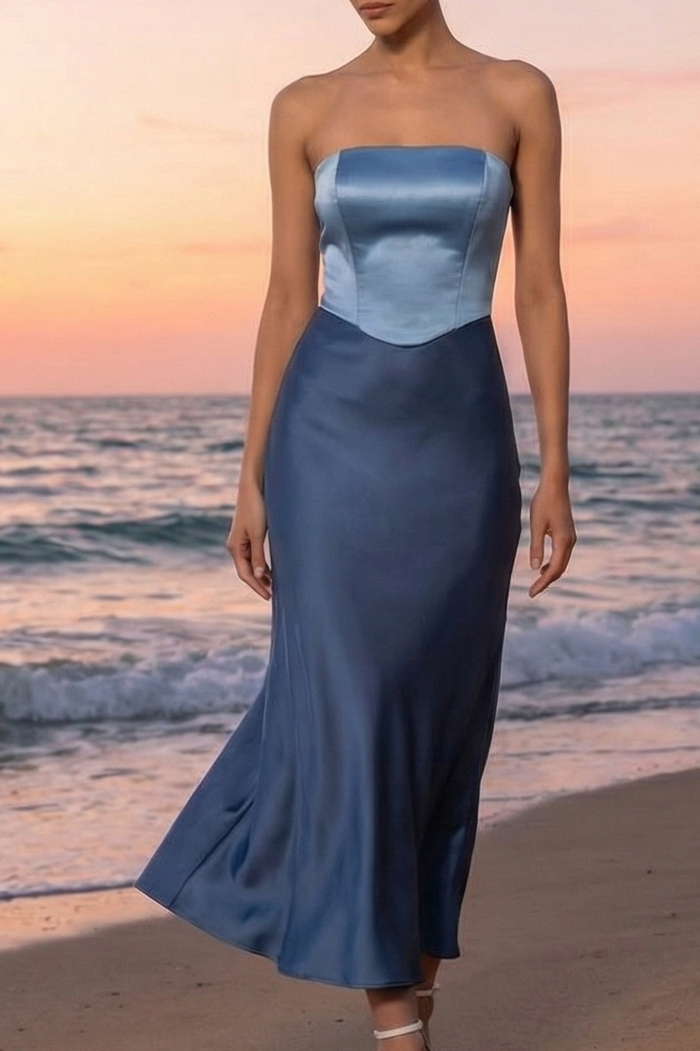 Dusty Blue Evening Formal Dress Mermaid Strapless Satin Maxi Dress