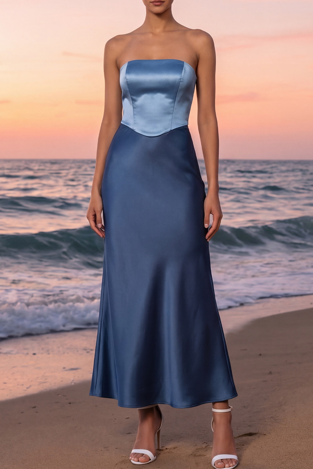 Dusty Blue Evening Formal Dress Mermaid Strapless Satin Maxi Dress