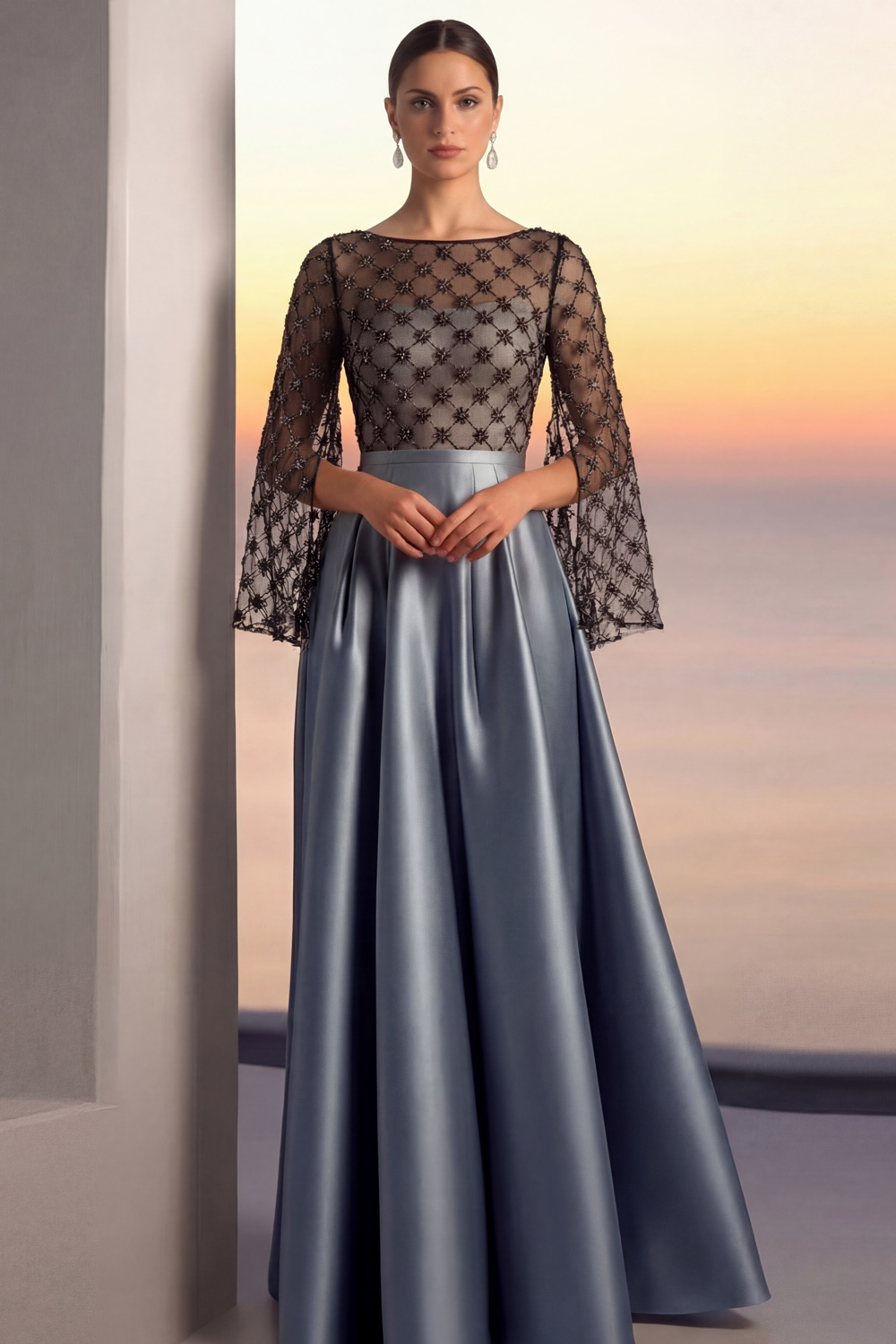 Golden Evening Formal Dress A-Line Crew Neck Satin Maxi Dress