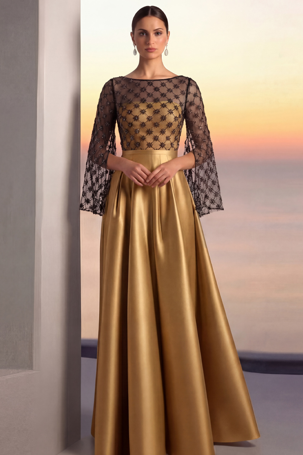 Golden Evening Formal Dress A-Line Crew Neck Satin Maxi Dress
