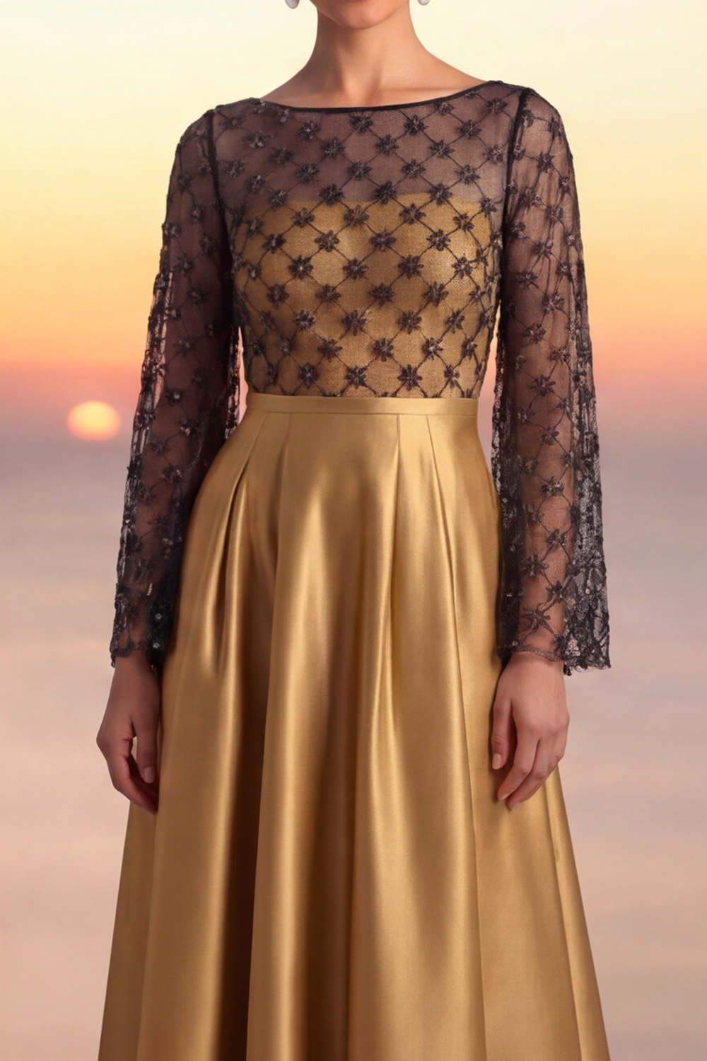 Golden Evening Formal Dress A-Line Crew Neck Satin Maxi Dress
