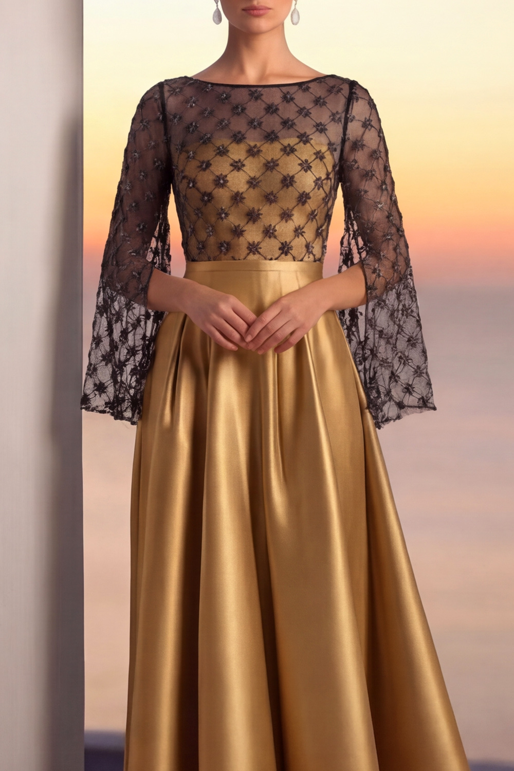 Golden Evening Formal Dress A-Line Crew Neck Satin Maxi Dress