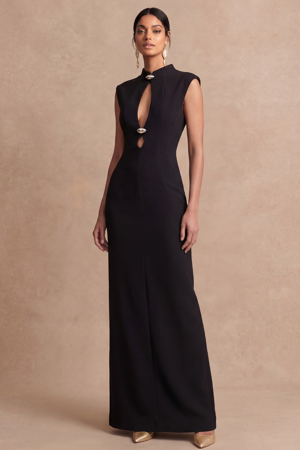 Black Formal Evening Dress Keyhole Sleeveless Sheath Maxi Dress