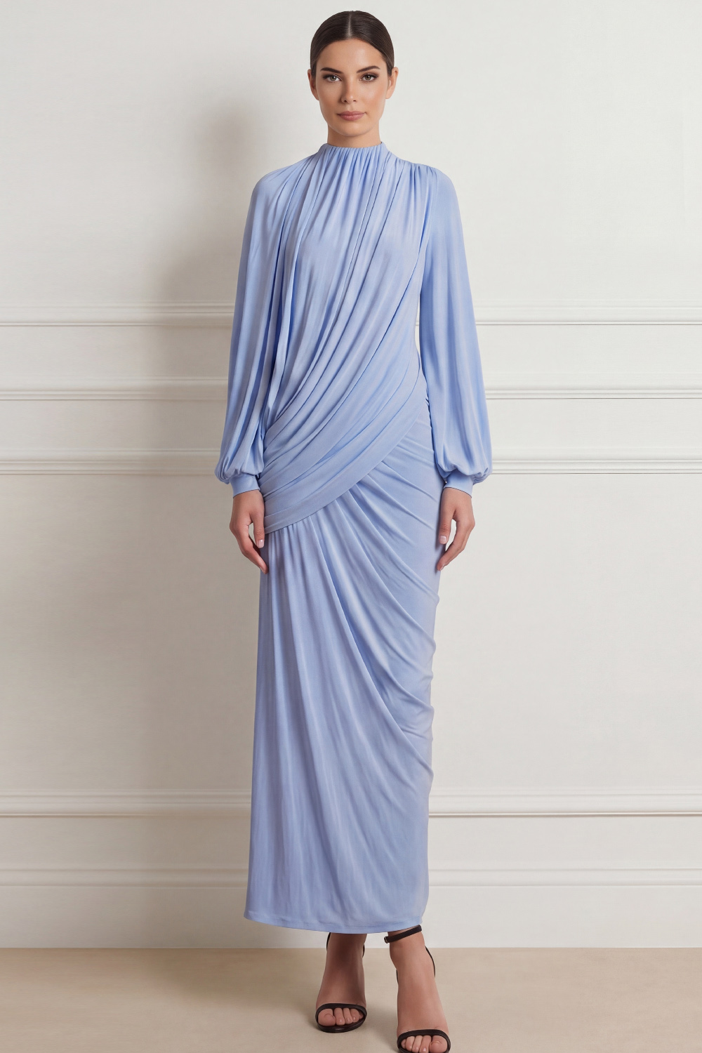 Blue Formal Evening Dress Long Sleeve Sheath Ruched Maxi Dress