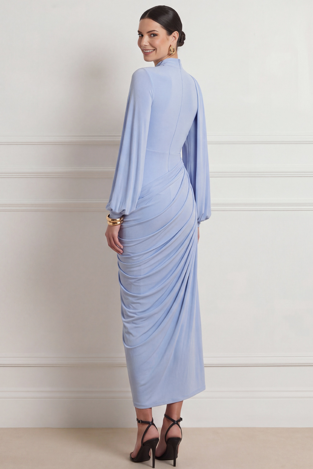 Blue Formal Evening Dress Long Sleeve Sheath Ruched Maxi Dress