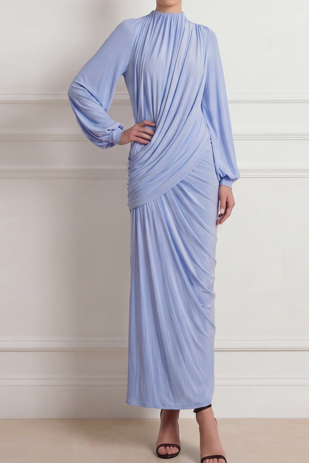 Blue Formal Evening Dress Long Sleeve Sheath Ruched Maxi Dress