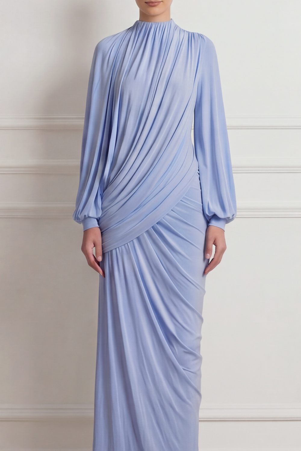 Blue Formal Evening Dress Long Sleeve Sheath Ruched Maxi Dress