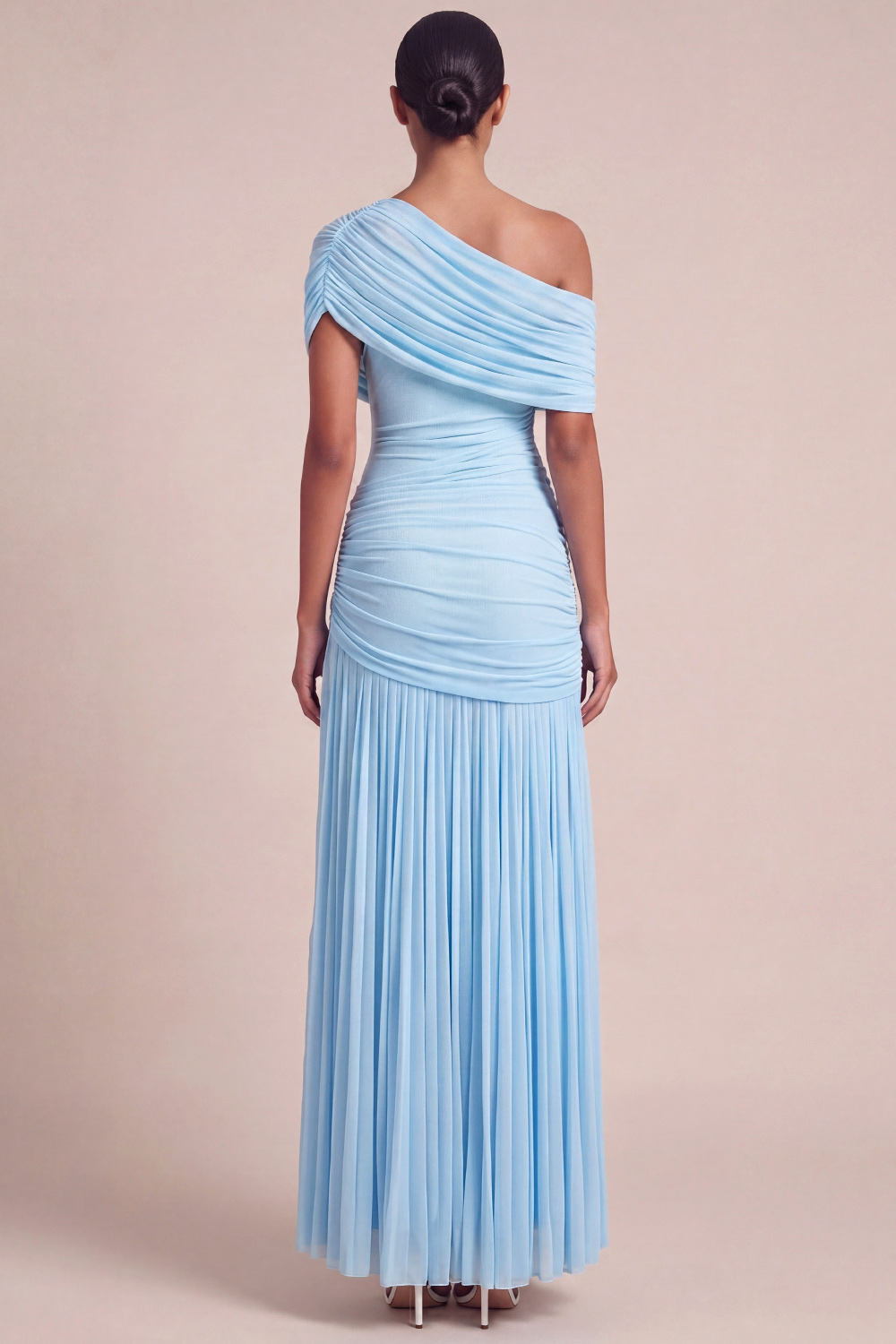 Light Blue Formal Dress A-Line Asymmetrical Pleated Maxi Dress