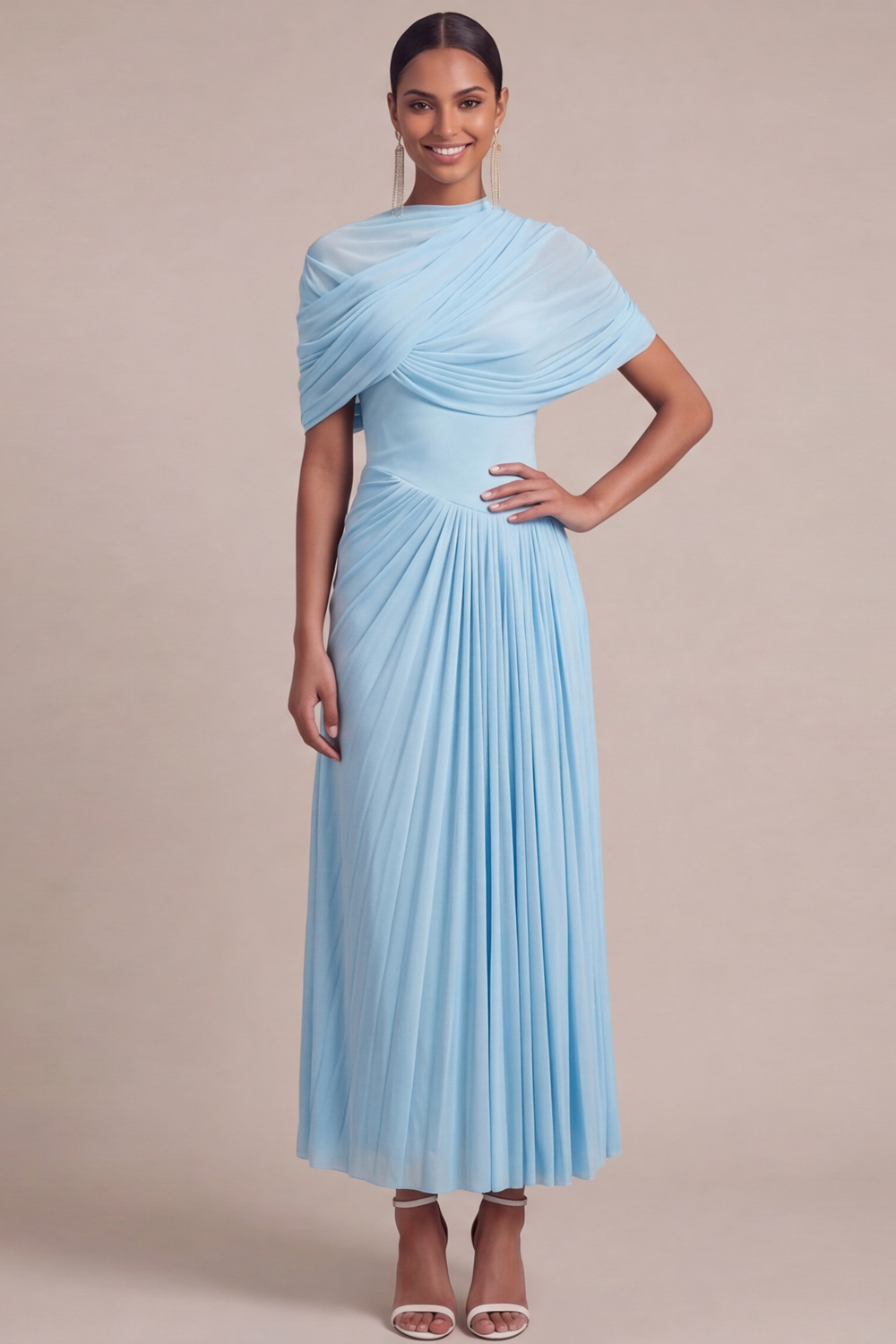 Light Blue Formal Dress A-Line Asymmetrical Pleated Maxi Dress