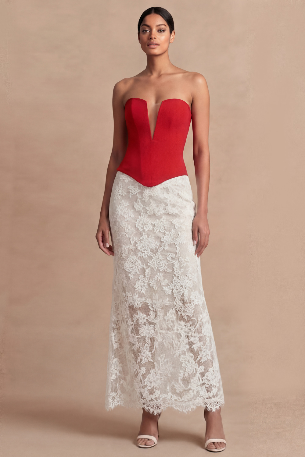 Red and White Formal Evening Dress Strapless Sheath Lace Maxi Dress