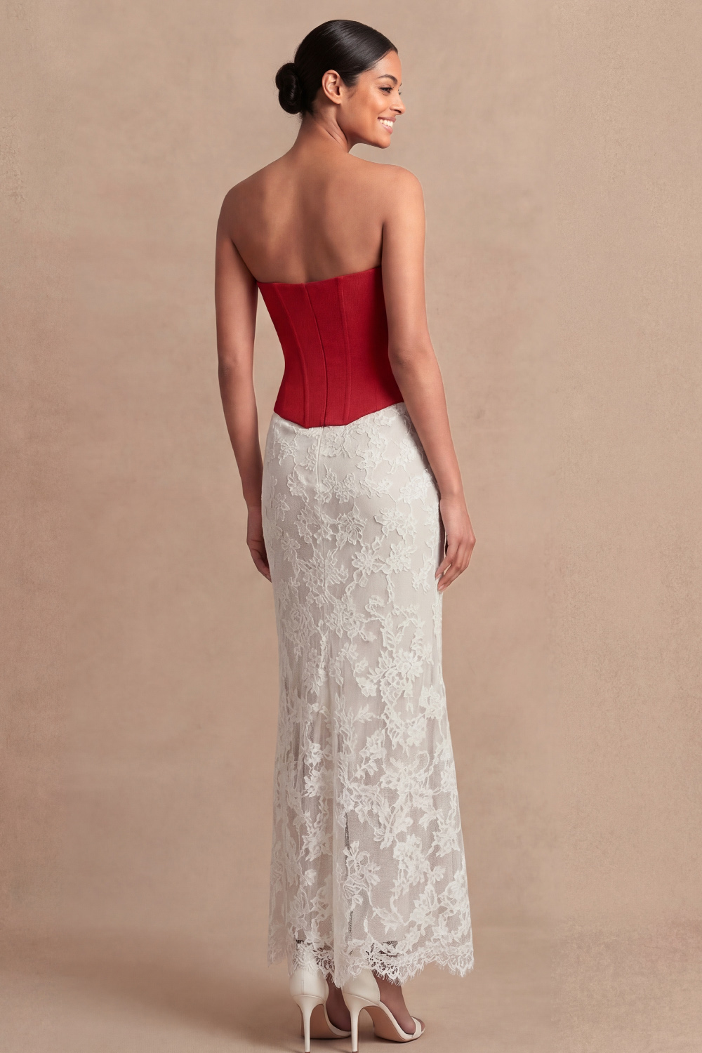 Red and White Formal Evening Dress Strapless Sheath Lace Maxi Dress