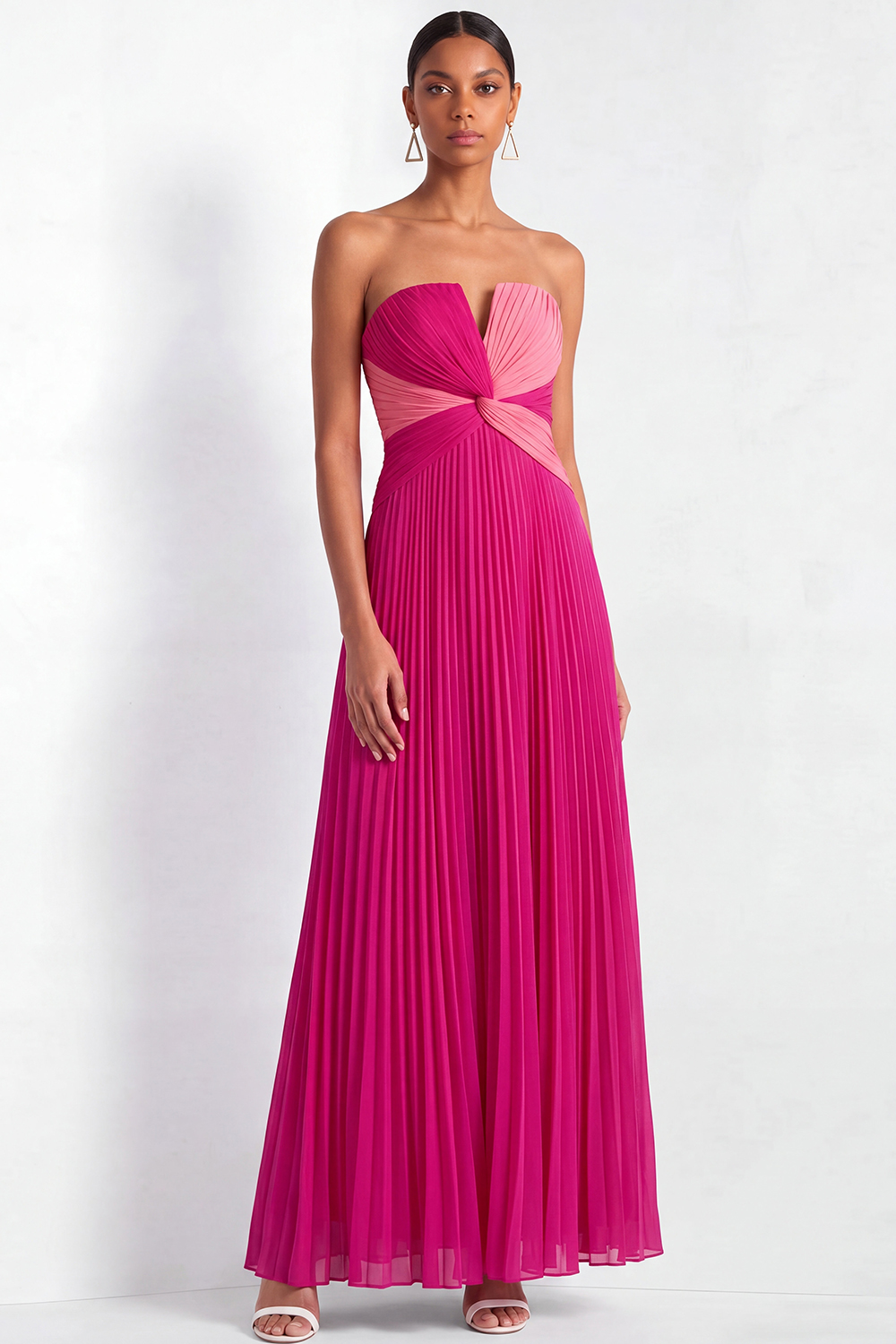 Fuchsia Formal Evening Dress A-Line Strapless Pleated Chiffon Maxi Dress 