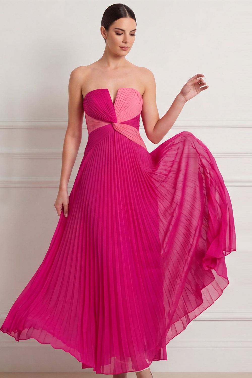 Fuchsia Formal Evening Dress A-Line Strapless Pleated Chiffon Maxi Dress