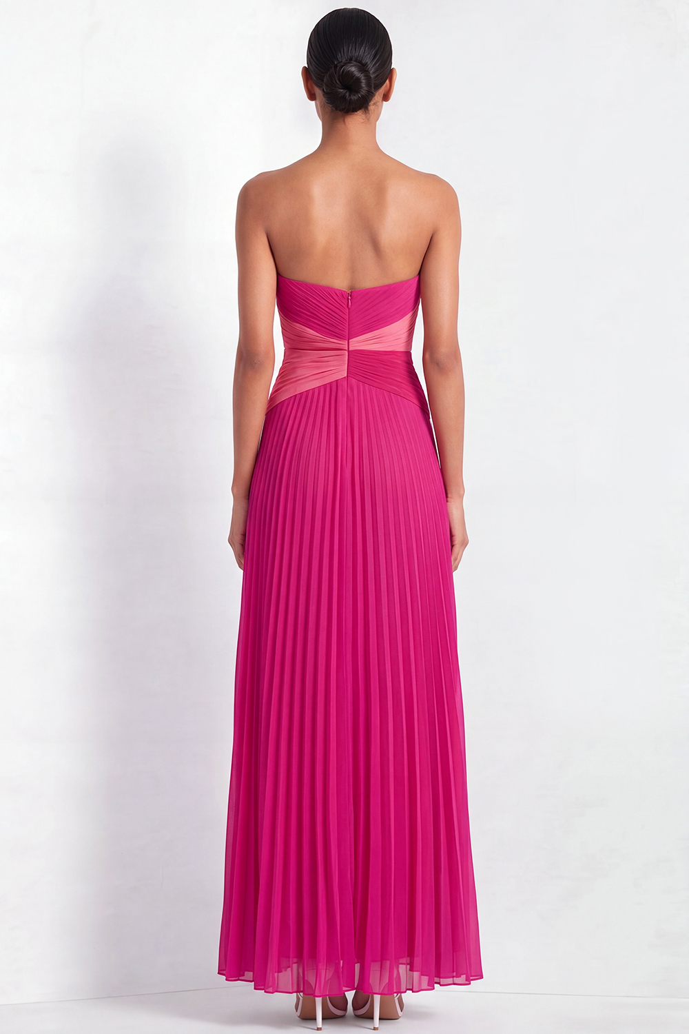 Fuchsia Formal Evening Dress A-Line Strapless Pleated Chiffon Maxi Dress 