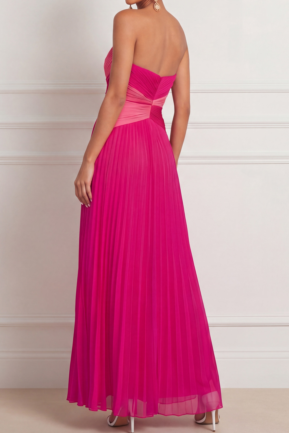 Fuchsia Formal Evening Dress A-Line Strapless Pleated Chiffon Maxi Dress 