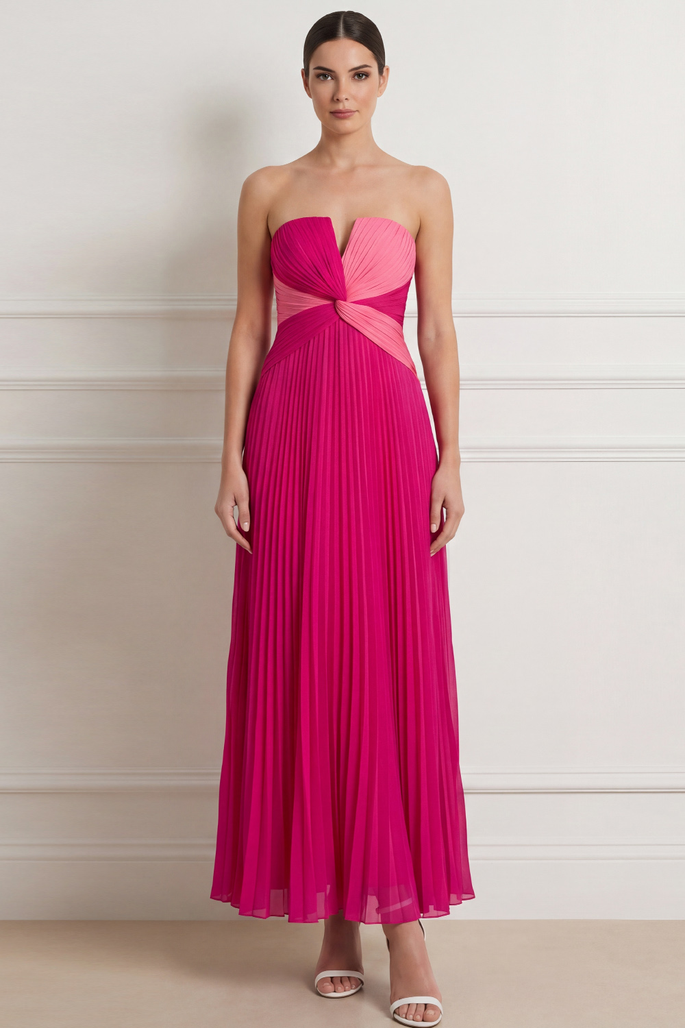 Fuchsia Formal Evening Dress A-Line Strapless Pleated Chiffon Maxi Dress 