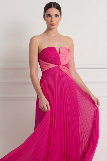 Fuchsia Formal Evening Dress A-Line Strapless Pleated Chiffon Maxi Dress 