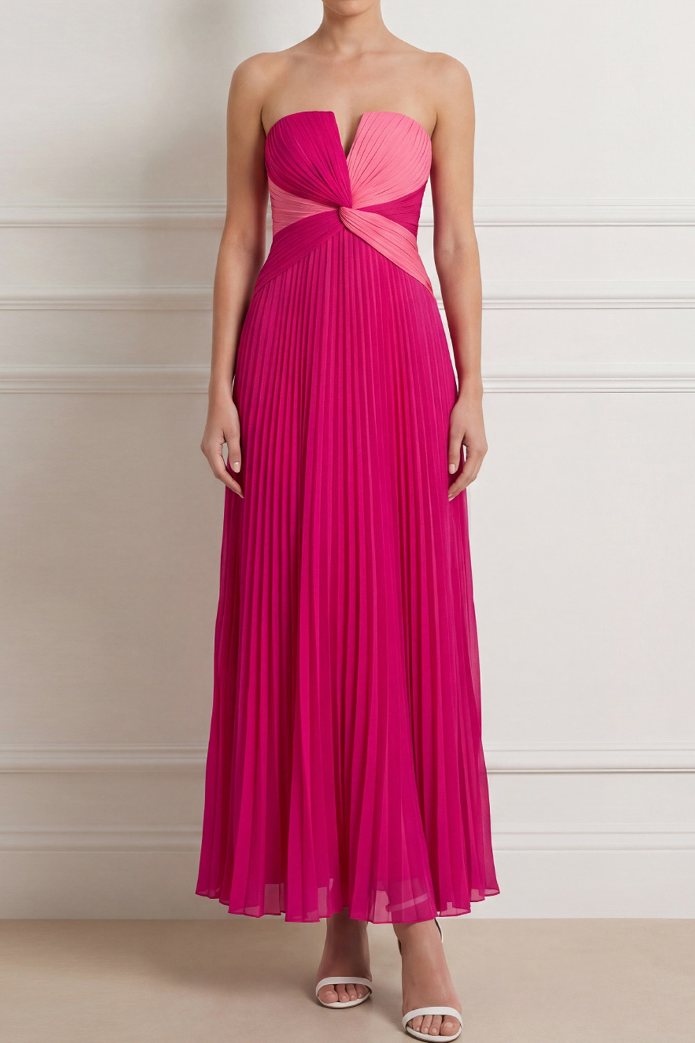 Fuchsia Formal Evening Dress A-Line Strapless Pleated Chiffon Maxi Dress 