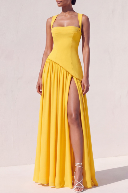 Olive A-Line Formal Evening Dress Lace Up Maxi Dress with Slit