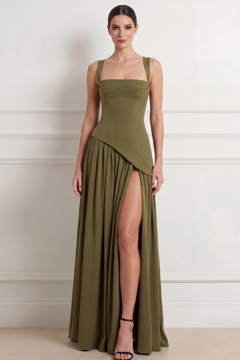 Olive A-Line Formal Evening Dress Lace Up Maxi Dress with Slit