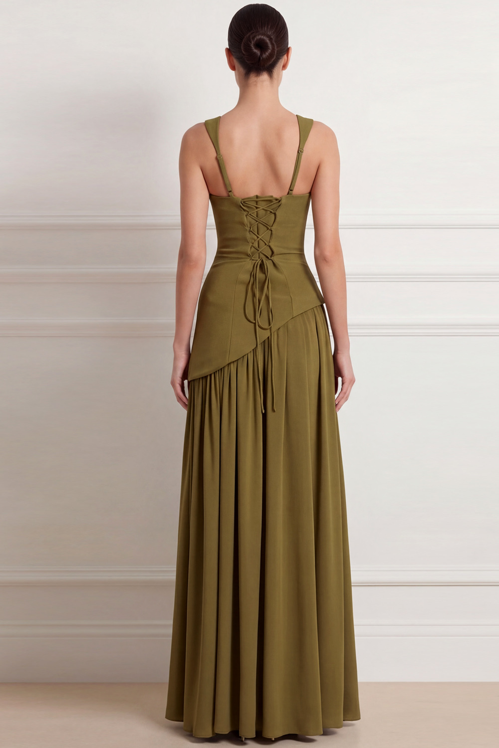 Olive A-Line Formal Evening Dress Lace Up Maxi Dress with Slit