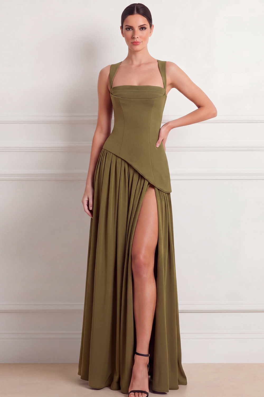 Olive A-Line Formal Evening Dress Lace Up Maxi Dress with Slit