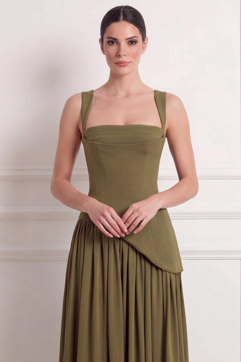 Olive A-Line Formal Evening Dress Lace Up Maxi Dress with Slit