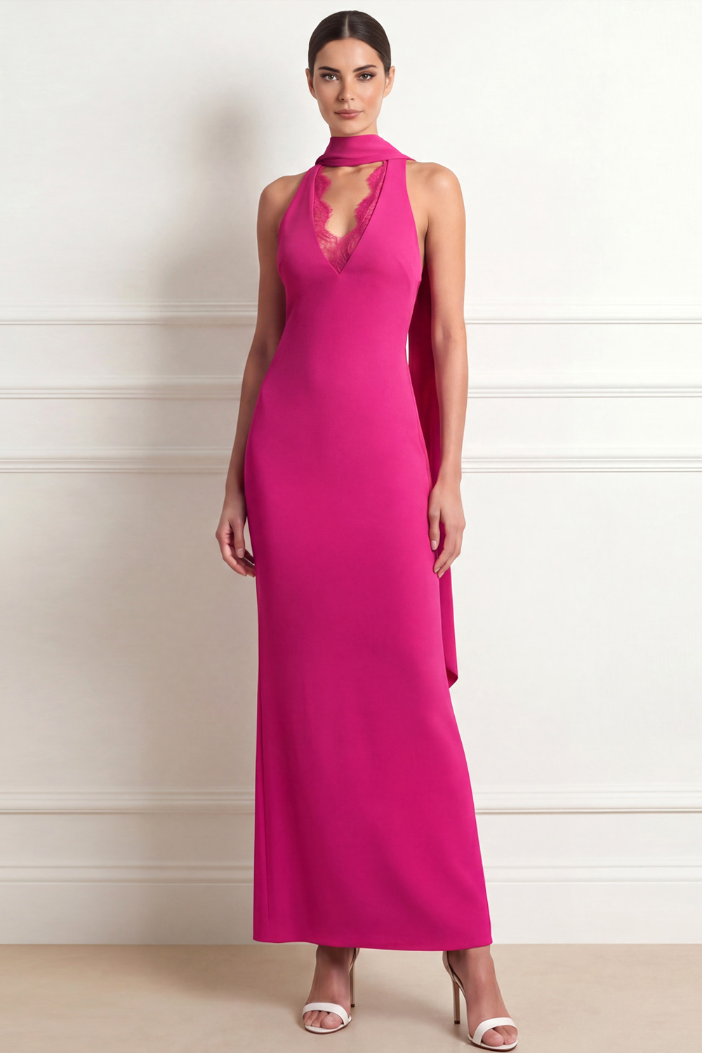 Fuchsia Sheath Formal Dress Lace V-Neck Maxi Dress with Scarf