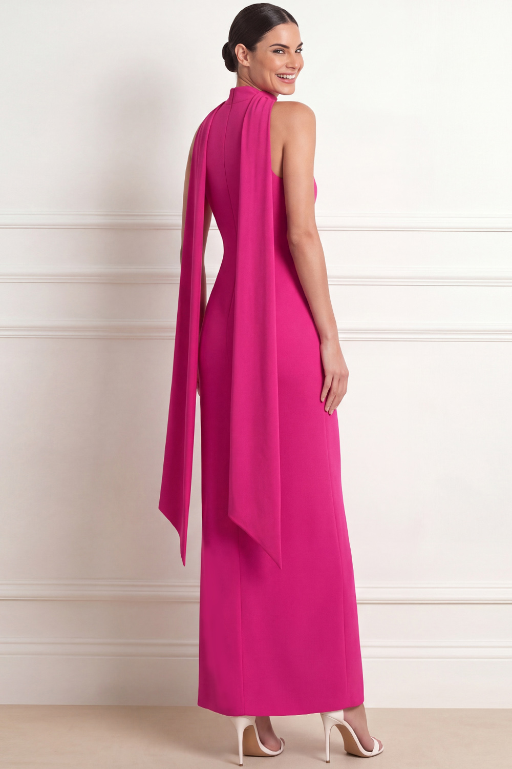Fuchsia Sheath Formal Dress Lace V-Neck Maxi Dress with Scarf