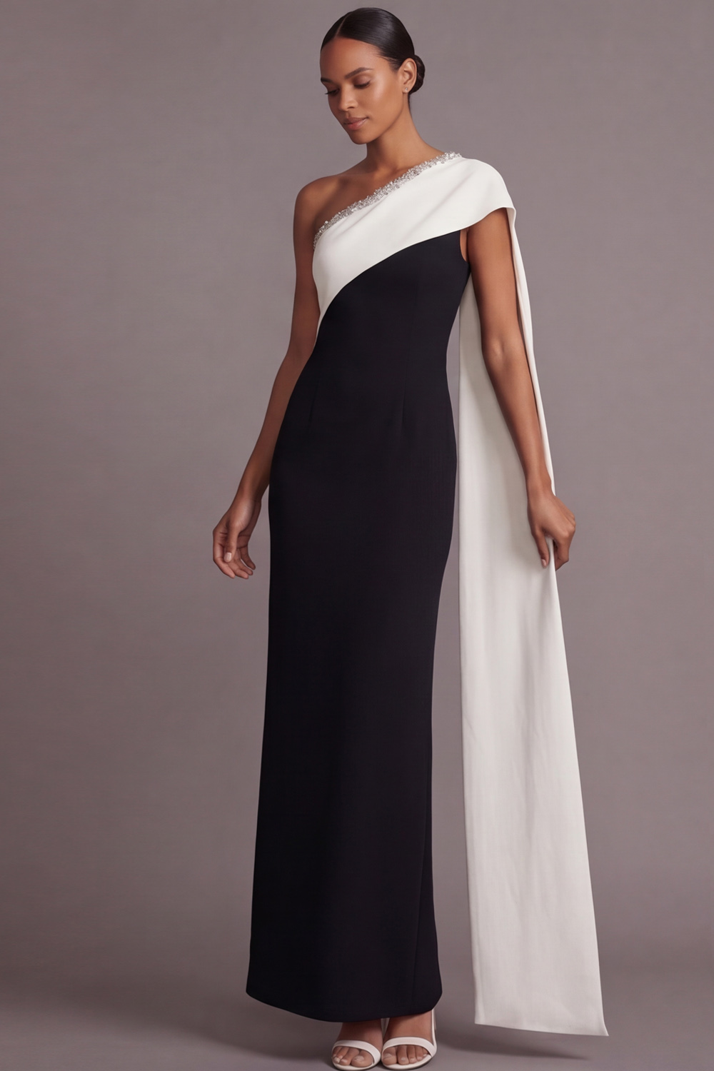 Black Sheath Formal Evening Dress One Shoulder Maxi Dress with Cape