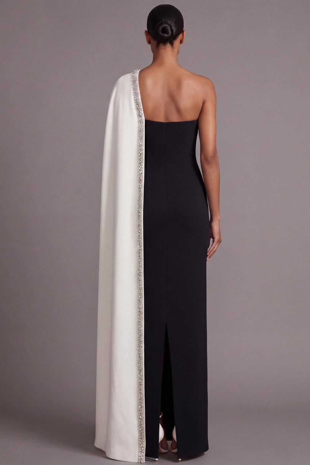 Black Sheath Formal Evening Dress One Shoulder Maxi Dress with Cape