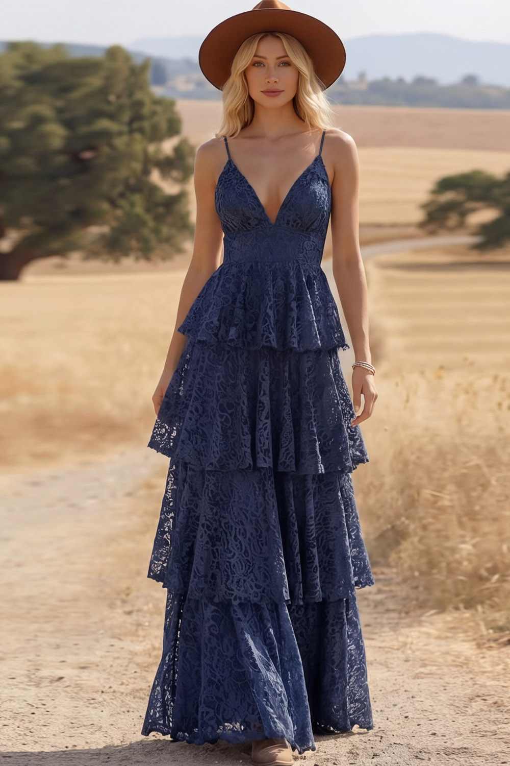 Navy Boho Dress Spaghetti Straps Tiered Lace Maxi Dress