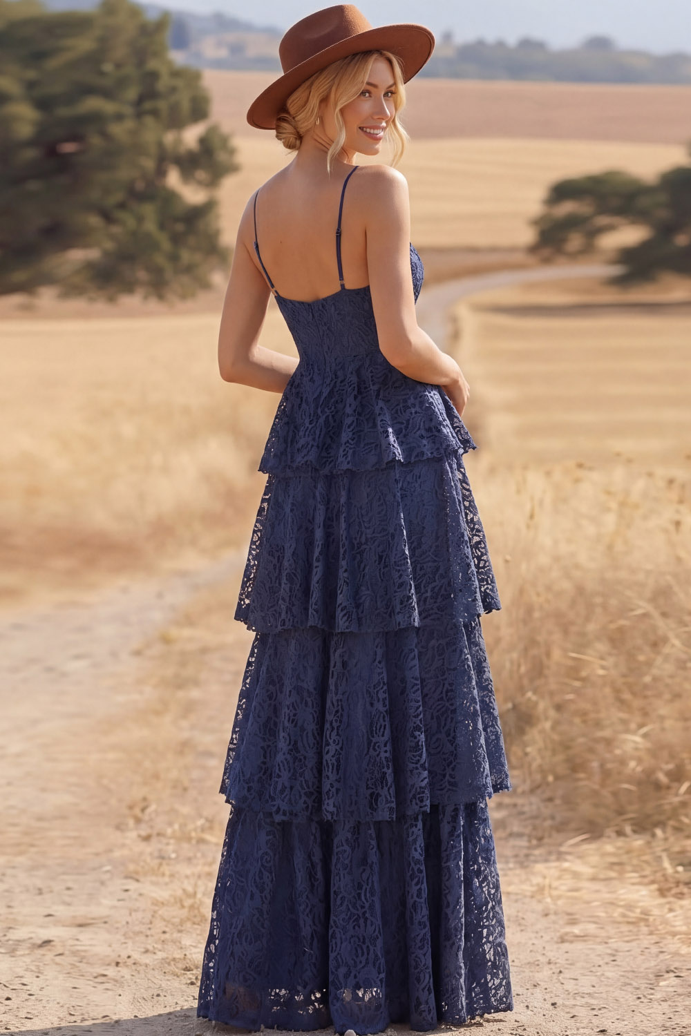 Navy Boho Dress Spaghetti Straps Tiered Lace Maxi Dress