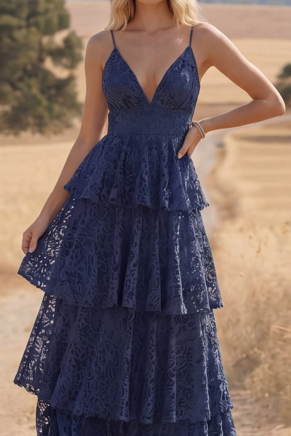 Navy Boho Dress Spaghetti Straps Tiered Lace Maxi Dress