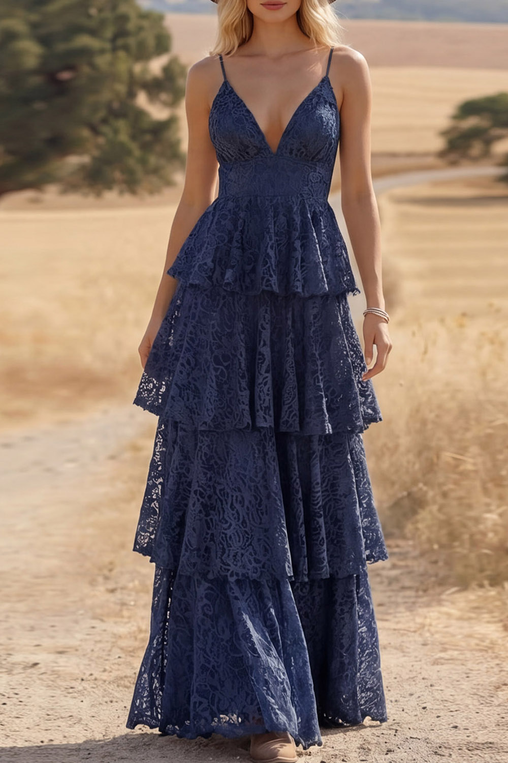 Navy Boho Dress Spaghetti Straps Tiered Lace Maxi Dress