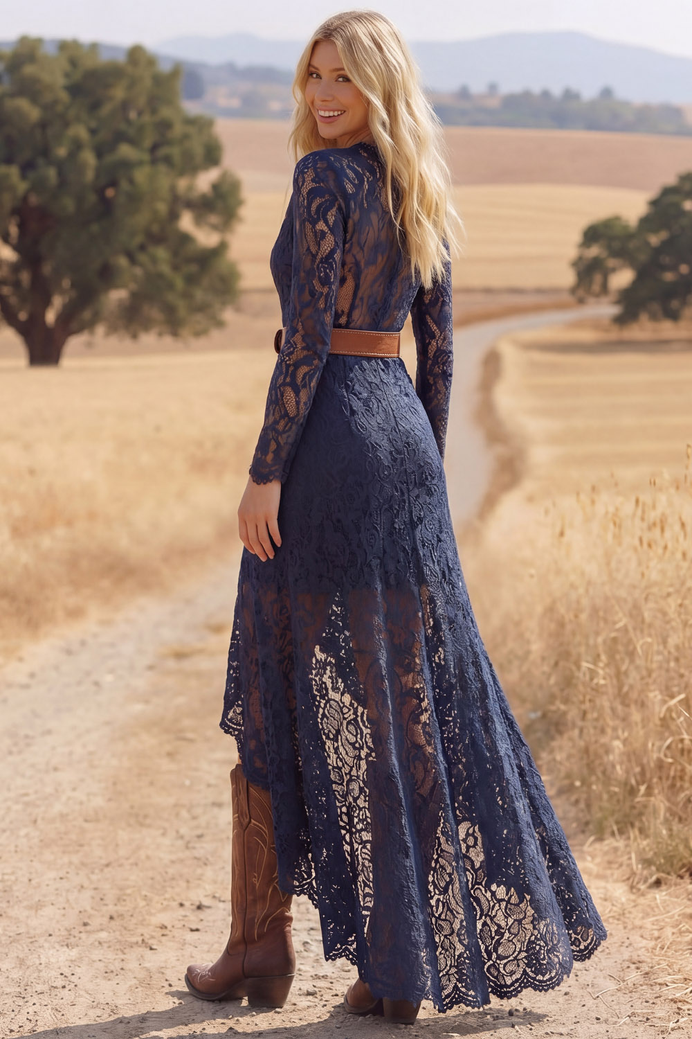 Navy Boho Dress V-Neck Long Sleeve Lace High-Low Dress