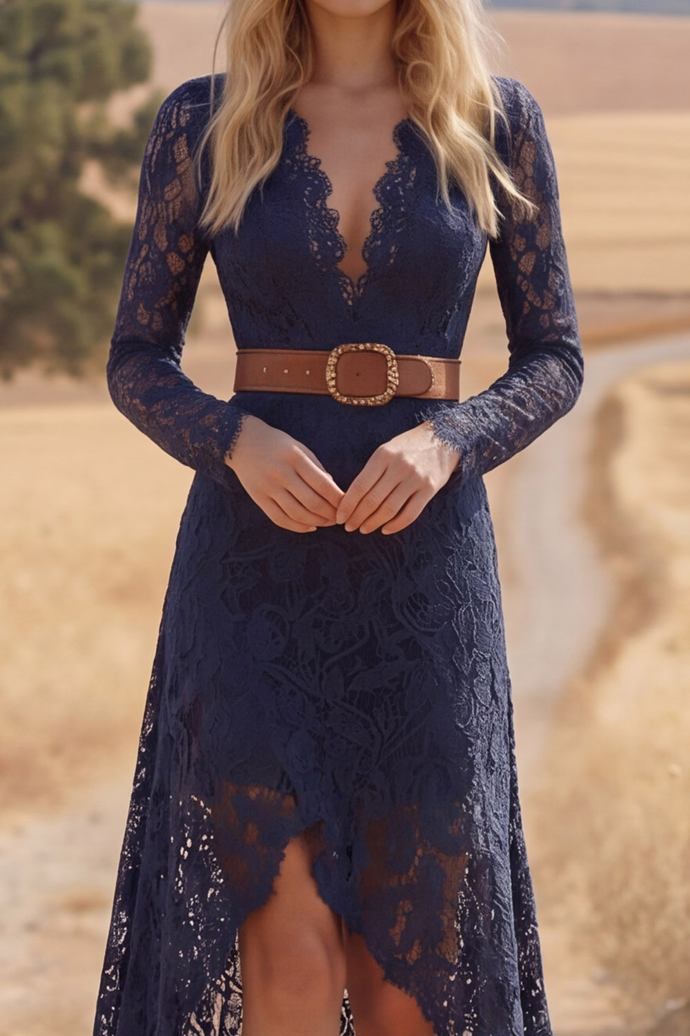 Navy Boho Dress V-Neck Long Sleeve Lace High-Low Dress