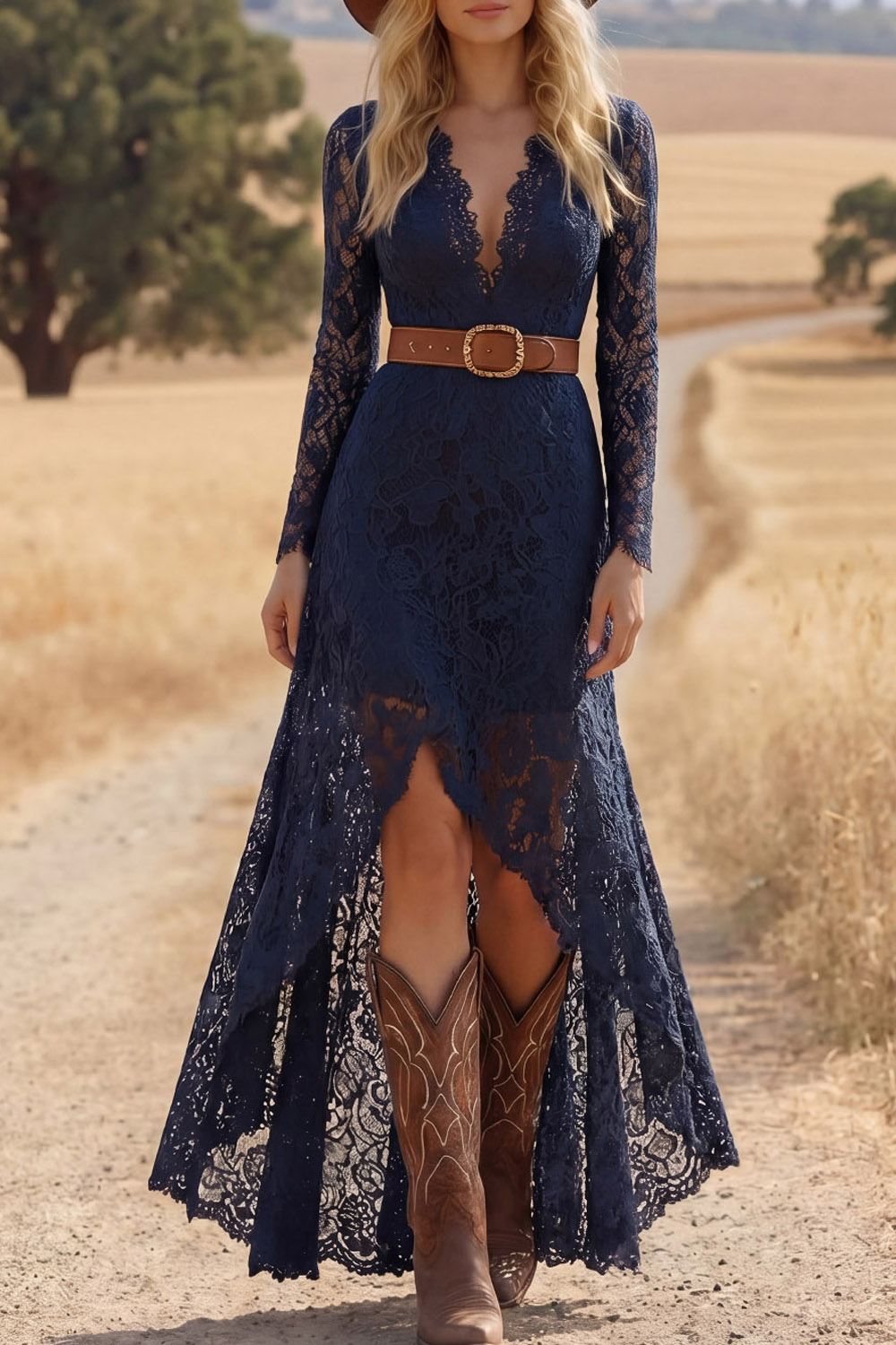 Navy Boho Dress V-Neck Long Sleeve Lace High-Low Dress