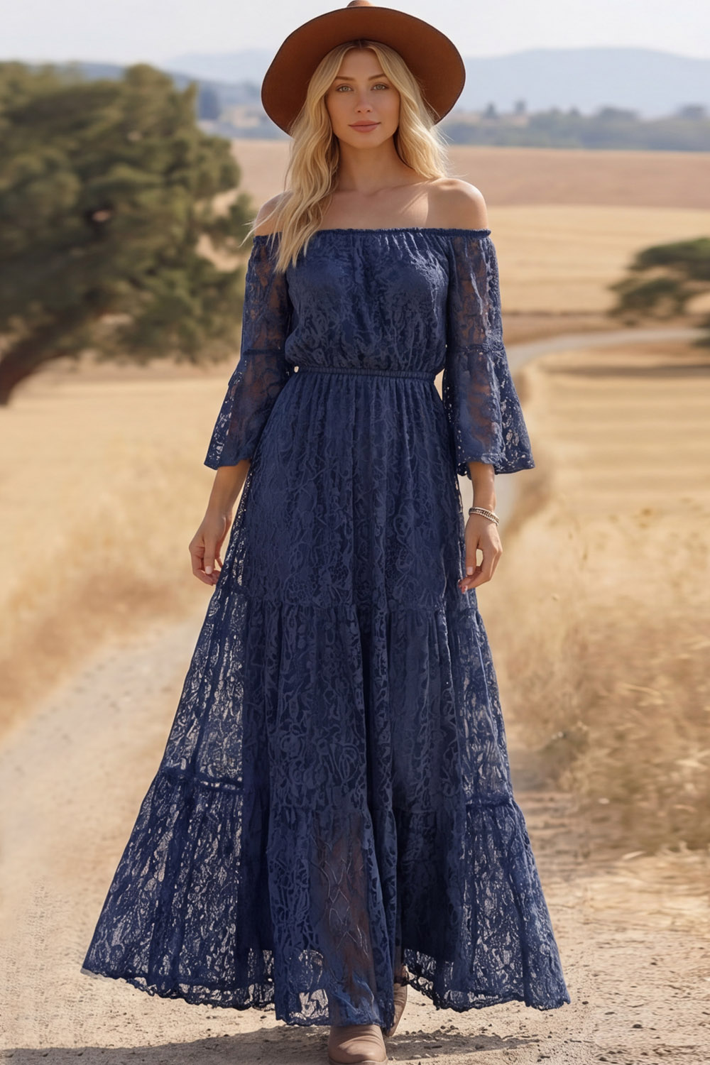Navy Lace Boho Dress Off the Shoulder Long Sleeve Maxi Dress