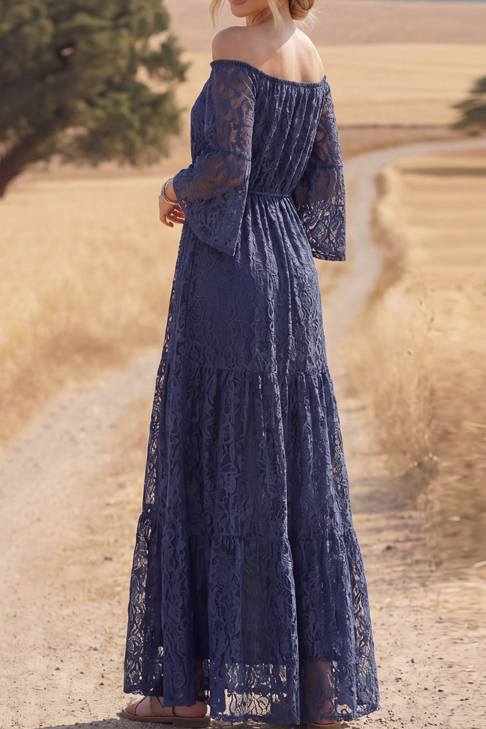 Navy Lace Boho Dress Off the Shoulder Long Sleeve Maxi Dress