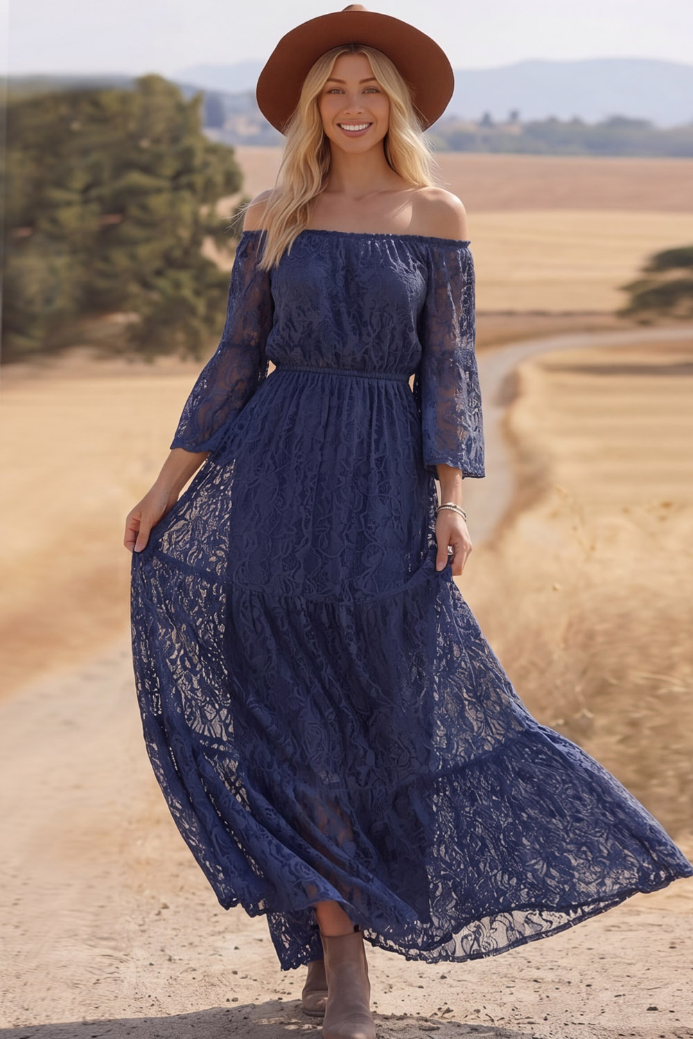 Navy Lace Boho Dress Off the Shoulder Long Sleeve Maxi Dress