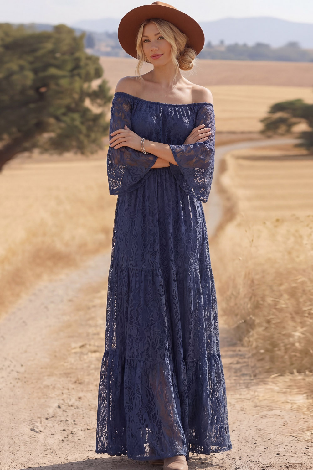 Navy Lace Boho Dress Off the Shoulder Long Sleeve Maxi Dress