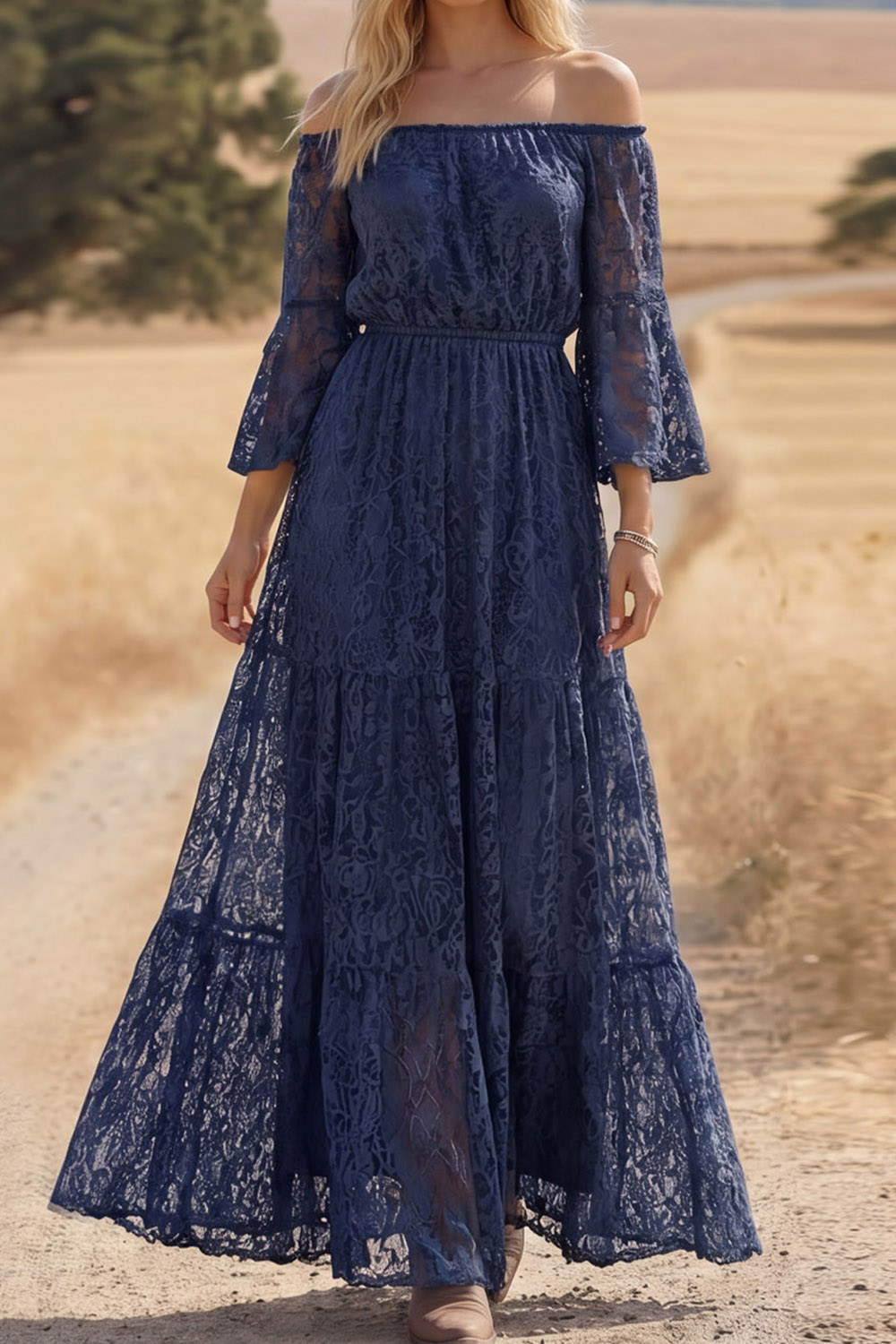 Navy Lace Boho Dress Off the Shoulder Long Sleeve Maxi Dress