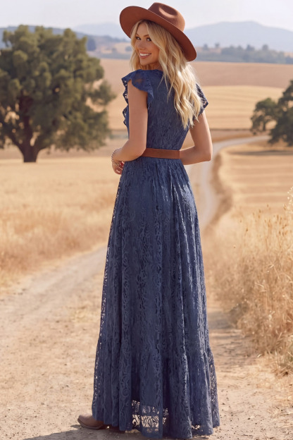 Navy Lace Boho Dress A-Line V-Neck Ruffled Maxi Dress