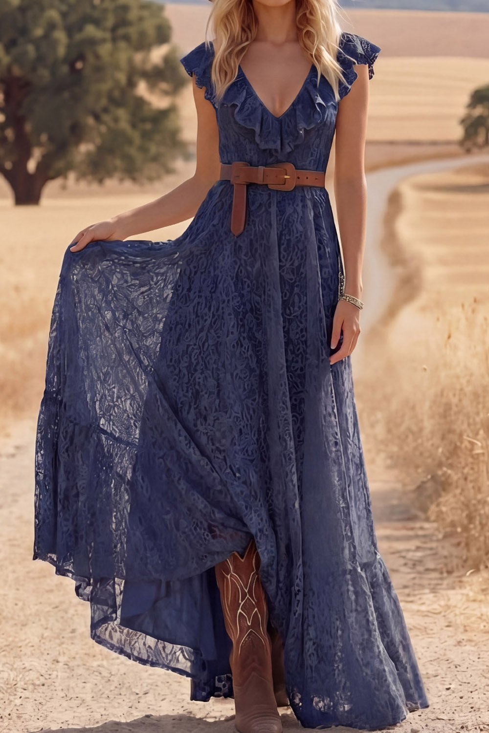 Navy Lace Boho Dress A-Line V-Neck Ruffled Maxi Dress