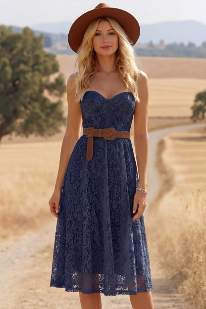 Navy Lace Boho Dress A-Line Sweetheart Sleeveless Midi Dress