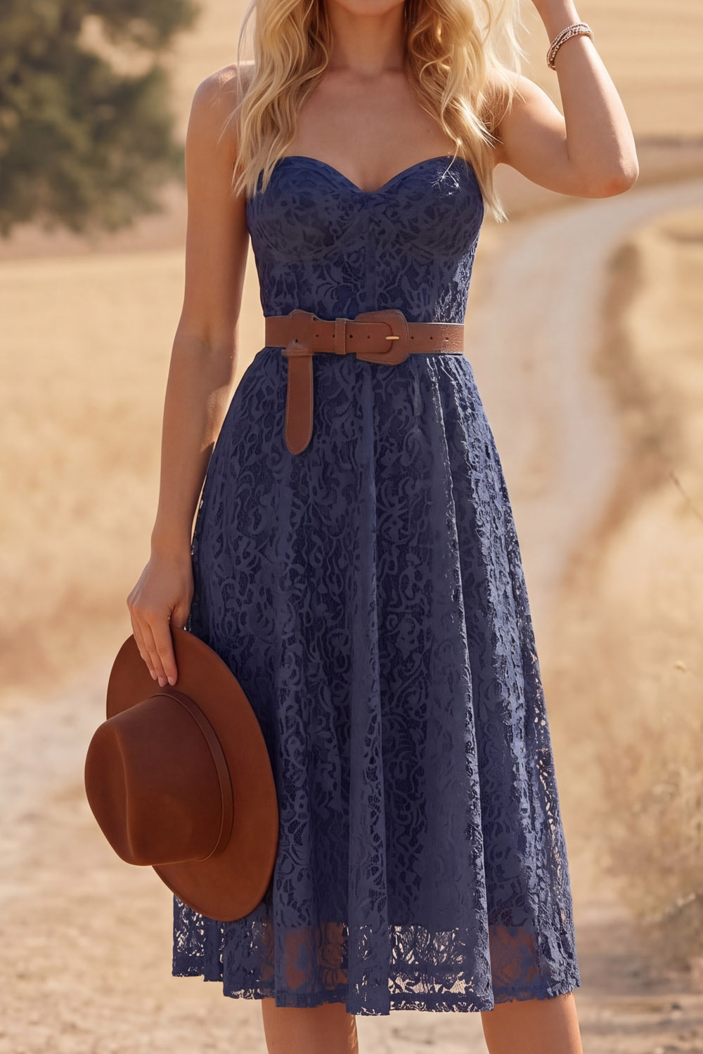 Navy Lace Boho Dress A-Line Sweetheart Sleeveless Midi Dress