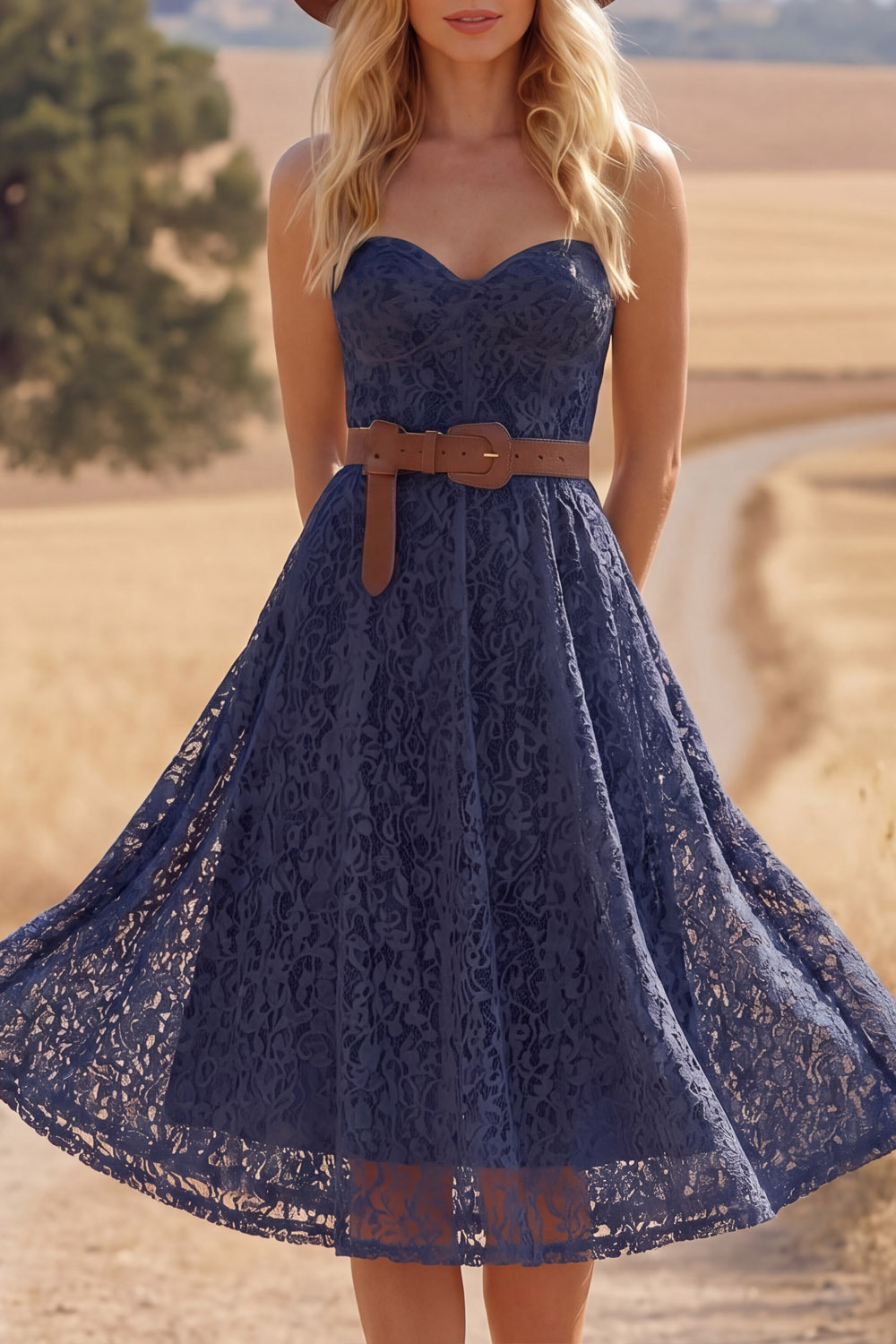 Navy Lace Boho Dress A-Line Sweetheart Sleeveless Midi Dress